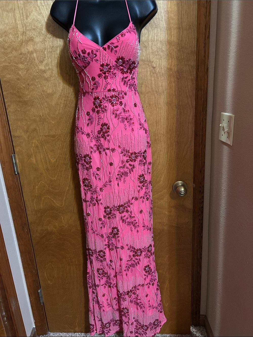 Lulu's Hot Pink Beaded Floral Maxi Dress